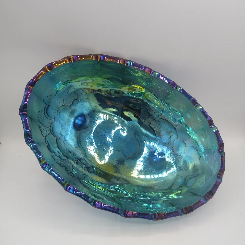 Indiana Glass Harvest Grapes Carnival Iridescent Blue Footed Large Oval Bowl - Picture 8 of 11